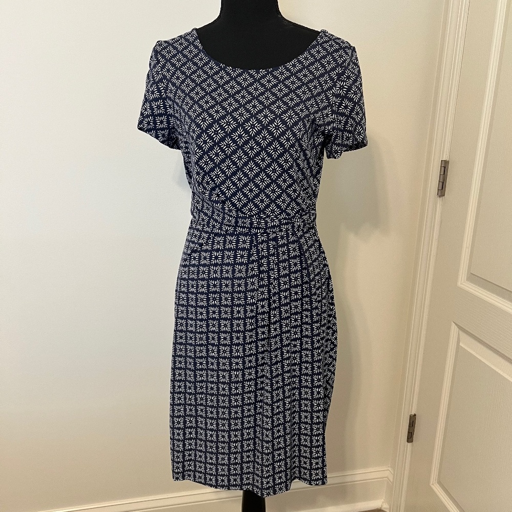 Talbots Navy & White Small Print Stretch Knit Pull-On Short Sleeve Dress Size 8
